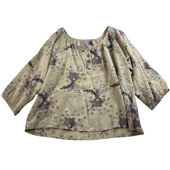 Bayla Jane Sz S Silk Top Blouse Popover Floral Print Women’s Oversized Boxy Tan - Picture 1 of 10
